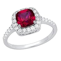 Dazzlingrock Collection 7 mm Cushion Lab Created Ruby & Round White Sapphire Ladies Halo Vintage Traditional Engagement Ring | 925 Sterling Silver