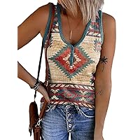 Henley Tank Tops Womens Western Aztec Print V-Neck Cami Ribbed Sleeveless Shirts Casual Button Up T-Shirts