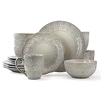 Elama Elegant Round Embossed Stoneware High Class Dinnerware Dish Set, 16 Piece, White