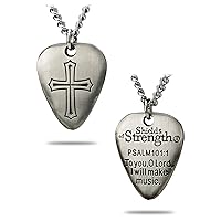 Shields of Strength Men’s Antique Finish Guitar Pick Cross Necklace Psalm 101:1 Pendant Curb Chain Boys Music Lover Christian Faith Jewelry Gift
