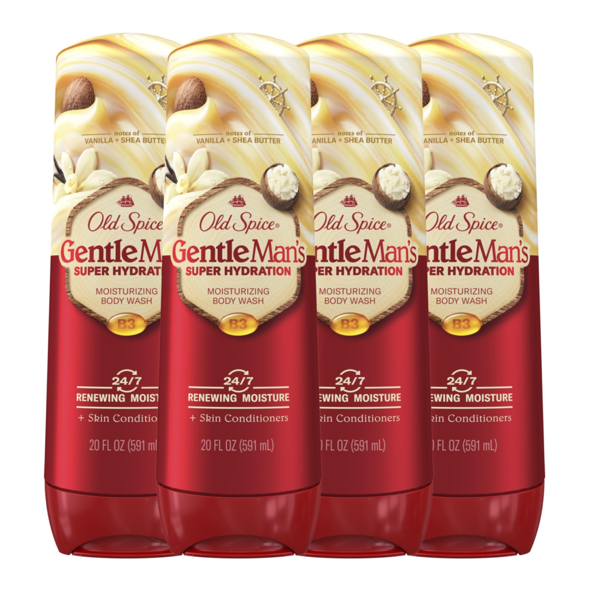 Old Spice Super Hydration Body Wash GentleMan’s Blend Vanilla + Shae for Deep Cleaning and 24/7 Renewing Moisture, 20 oz (Pack of 4)