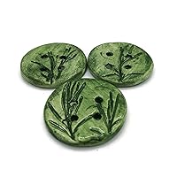3Pc Extra Large Coat Buttons, Novelty Handmade Ceramic Sewing Supplies And Notions, Sewing Buttons For Blouse (45 mm, Round, 4 Holes, Green Rosemary Leaves)