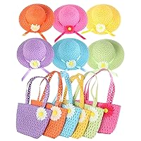 6Sets Girls Tea Party Straw Sun Hat and Purse Sets Sunflower Summer Beach Cap Cute Purse