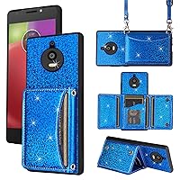 Wallet Case for Moto E4 with Shoulder Strap, 6 Card Slots Thin Slim Flip Purse, Credit Card Holder Stand Sparkly Glitter Bling Phone Cover for Motorola MotoE4 4E 4th Generation Gen 2017 Blue