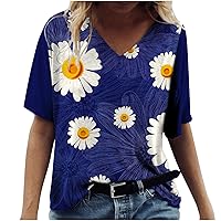 Women Trendy Blouses Summer Loose Fit Tee Shirts Short Sleeve Floral Print Graphic Tunic Tops Casual Crew Neck Blouse