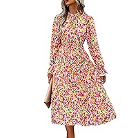 Women's Floral Midi Dress Summer Long Sleeve Ruffle Maxi Dress A-Line Pleated Swing Chiffon Dresses with Belt