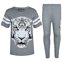Girls Top Kids Tiger Face Print Baseball T Shirt & Fashion Legging Set 7-13 Yr
