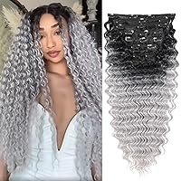 Gray Curly Clip In Hair Extension For Black Women Natural Thick Deep Wave Hair Extension Clips Synthetic Long 24 inch hair extensions clip in Hairpiece (T1B/gray（Pack of 7）)