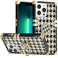 iPhone 14 Pro Case with Ring for Women, Gold Gorgeous Rhinestone Bling Diamond Kickstand, Premium for iPhone14 Pro 6.1'' - Houndstooth