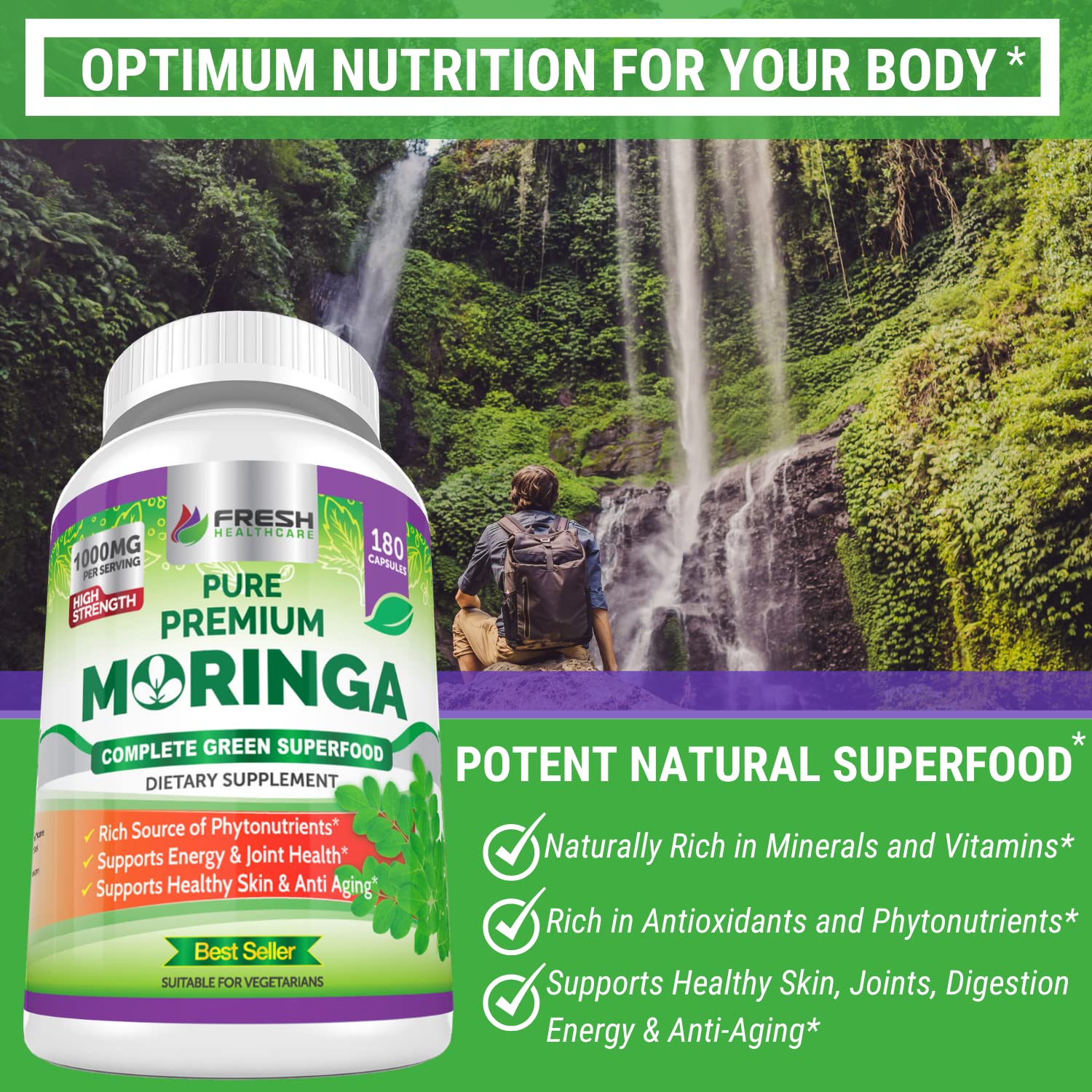 FRESH HEALTHCARE Moringa Oleifera 180 Capsules – 100% Pure Leaf Powder - 3 Month Supply - Non GMO and Gluten Free - Complete Green Superfood Supplement - Energy, Metabolism and Immune Support