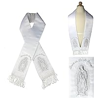 White Satin Stole Sash Baptism Christening Embroidered Virgin Maria in Gold Silver
