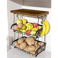 3-Tier Fruit Basket for Kitchen Counter with Banana Hangers, Countertop Organizer Fruit Bowls with Wood Top, Fruit Storage Basket Stand for Storage Potato Onion Bread Snack Fruit Veggie
