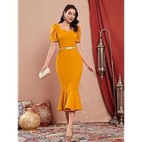 Women's Dress Dresses for Women Notched Neck Puff Sleeve Ruffle Hem Dress (Color : Mustard Yellow, Size : Large)