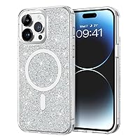 YINLAI Case for iPhone 14 Pro max,[Compatible with MagSafe] Clear Glitter Magnetic Crystal Cute Slim Bling Sparkly Women Girls Girly Soft Shockproof Protective Phone Cover 6.7 Inch, Sliver