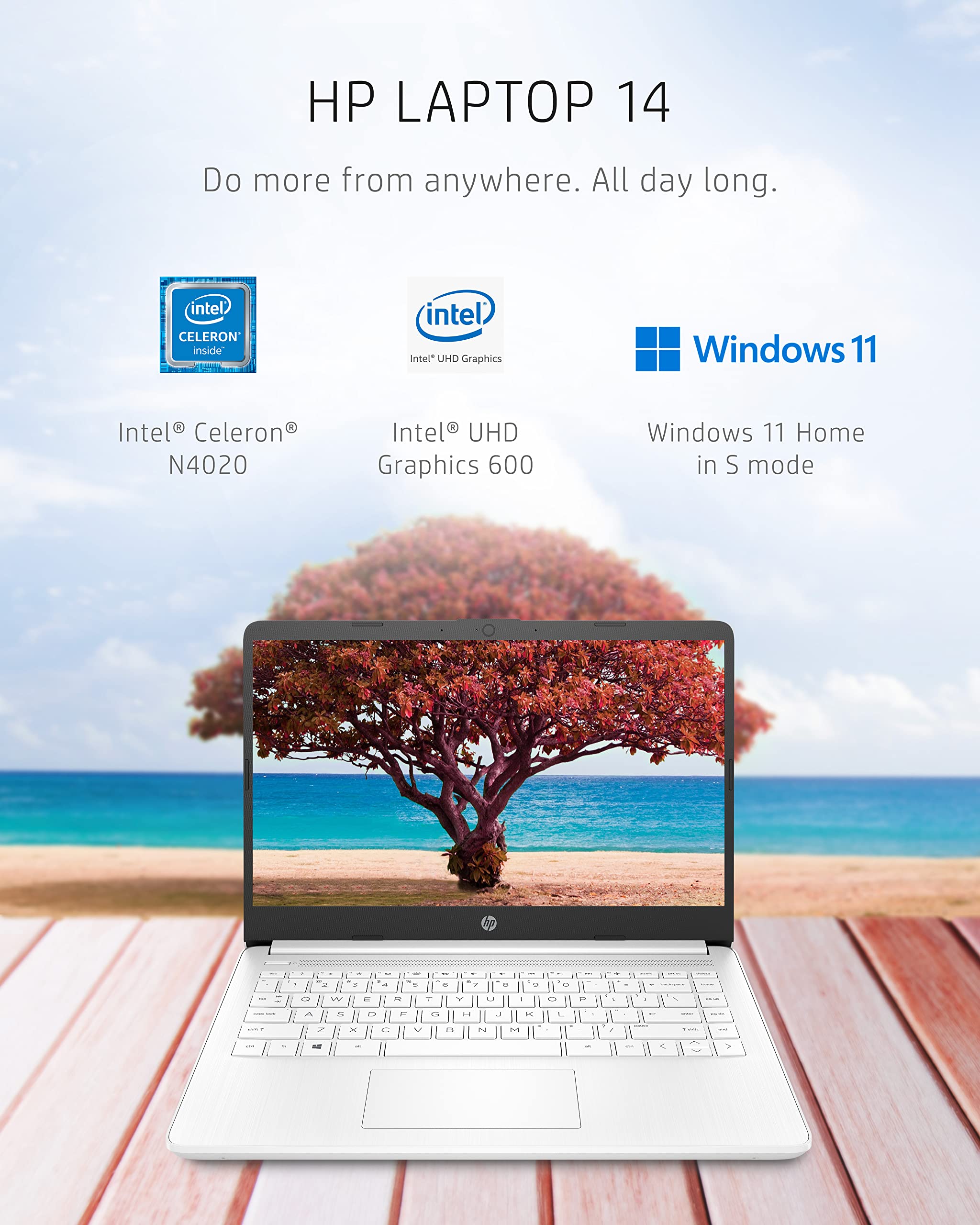 HP 14 Laptop, Intel Celeron N4020, 4 GB RAM, 64 GB Storage, 14-inch HD Touchscreen, Windows 11 Home, Thin & Portable, 4K Graphics, One Year of Microsoft 365 (14-dq0080nr, 2021, Snowflake White)
