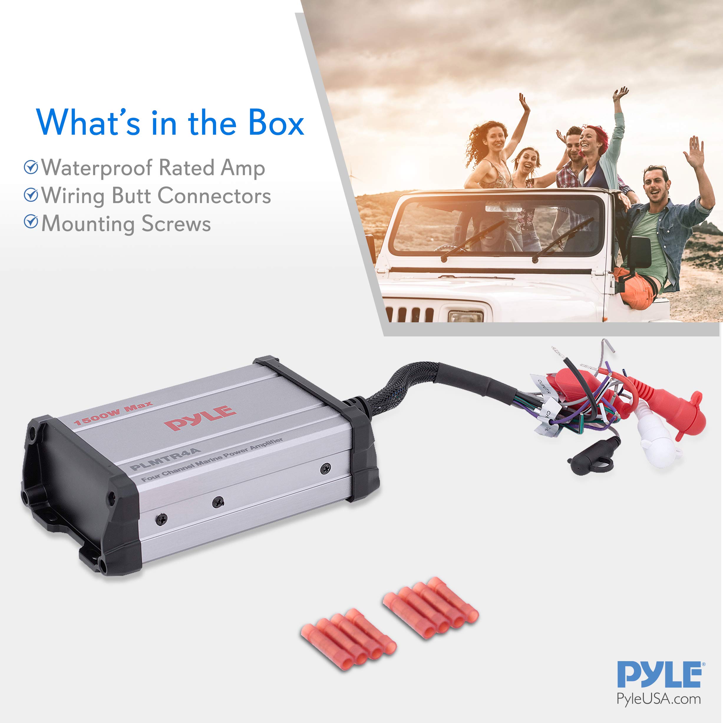 Pyle 4-Channel Marine Amplifier Receiver - Waterproof and Weatherproof Audio Subwoofer for Boat Stereo Speaker & Other Watercraft - 1200 Watt Power, Wired RCA, AUX and MP3 Audio Input Cable - PLMTR4A