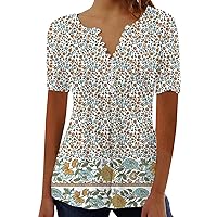 YZHM Womens Blouses Summer Plus Size Tops Short Sleev Tunic Tops Marble Print Henley Shirts Quater Button Down Tshirts Tees