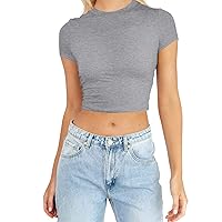 Womens Sexy Crewneck Crop Top Short Sleeve Slim Fit Solid T Shirt Stretchy Casual Basic Tops Teen Girls Clothes