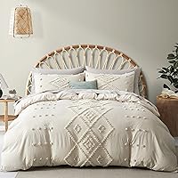 Oli Anderson Tufted Duvet Cover Queen Size, Soft and Lightweight Duvet Covers Set for All Seasons, 3 Pieces Boho Embroidery Shabby Chic Bedding Set (Beige, Queen, 90’’ x 90’’)