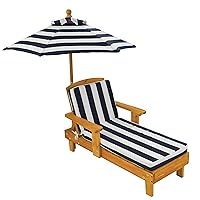 KidKraft Outdoor Wooden Chaise Lounge, Backyard Furniture Chair with Umbrella and Cushion, for Kids or Pets, Navy and White Striped Fabric