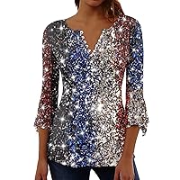 Womens Fourth of July Outfit American 3/4 Length Sleeve 2024 Independence Day Plus Size Casual V-Neck Blouse