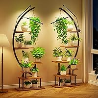 GREENSTELL Plant Stand with Grow Lights, Half Moon 7 Tiered Metal Plant Shelf, Multiple Tier Curved Ladder Flower Pot Stand Display Rack for Indoor Living Room Patio Garden Balcony Black (2 Pack)