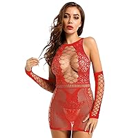 FEESHOW Womens Hollow Out Netted Butterfly Pattern Bodysuit Mini Bodycon Dress with Oversleeves