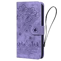 Wallet Case Compatible with Samsung Galaxy S24 Ultra, Cherry Blossom Cat Pattern Leather Flip Phone Protective Cover with Card Slot Holder Kickstand (Purple)