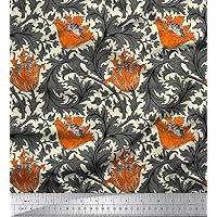 Soimoi Floral Printed Decorative Velvet Fabric 60 Inches Wide 2-Way Stretch Material by The Yard 180 GSM - Rust Orange