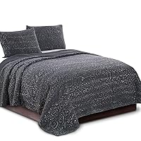Kasentex Ultra Soft Stone-Washed Quilt Set 100% Cotton Contemporary Stitched Floral Design Bedspread Lightweight Comforter Coverlet Bedding w/Pillow Cover Shams, King Size, Light Grey