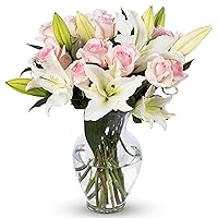 BENCHMARK BOUQUETS - Pink Roses & Lilies (Glass Vase Included), Next-Day Delivery, Gift Mother’s Day Fresh Flowers