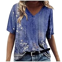 Cute Tops for Women Summer,Women's Fashion Casual Print V-Neck Short Sleeve Tunic Tops Printed Basic T-Shirt