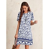 Dresses for Women Women's Dress Keyhole Back Floral Print Dress Dresses (Color : Blue and White, Size : Small)