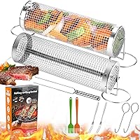 Grill Basket - Outdoor Rolling BBQ Basket - 2 Pcs Stainless Steel Grill Mesh, Rolling Grill Baskets for Outdoor Grill, Portable Outdoor Camping BBQ Accessories for Chicken, Meat, Fish, Steak, Vegetables, Kabobs, Chops, Seafood