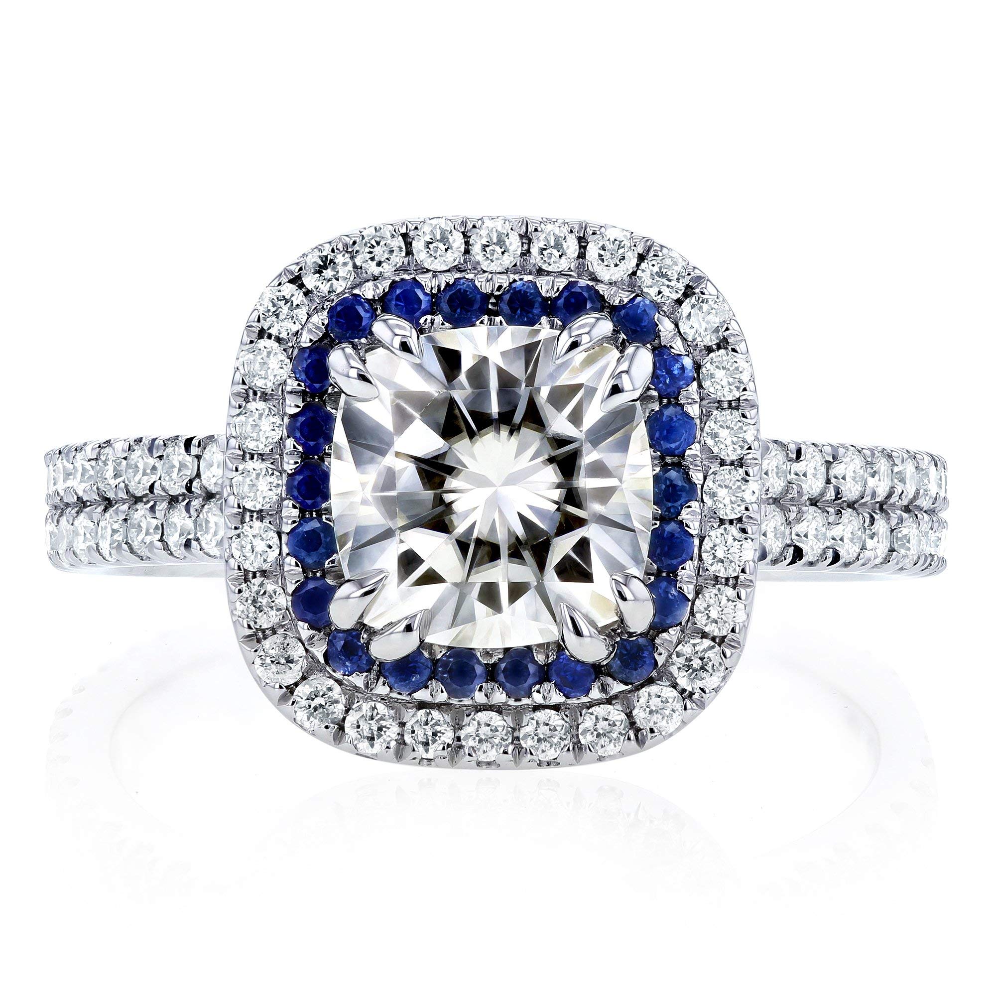 Kobelli 2 Carat TW Moissanite (GH) and Sapphire Cushion Halo Engagement Ring in 14k White Gold