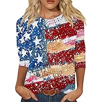 Fourth of July Shirts for Women Patriotic 3/4 Length Sleeve Summer Tops Crew Neck Blouses Flag and Stars Graphic Tees