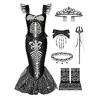 6 Pcs Halloween Girl's Mermaid Skeleton Costume Princess Fishtail Dress with Accessories for Kids Toddler Cosplay