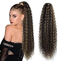 Curly Wavy Ponytail 26 Inch chocolate brown mixed honey blonde Drawstring Ponytail Extensions Clip in Hair Extensions for women 6OZ.