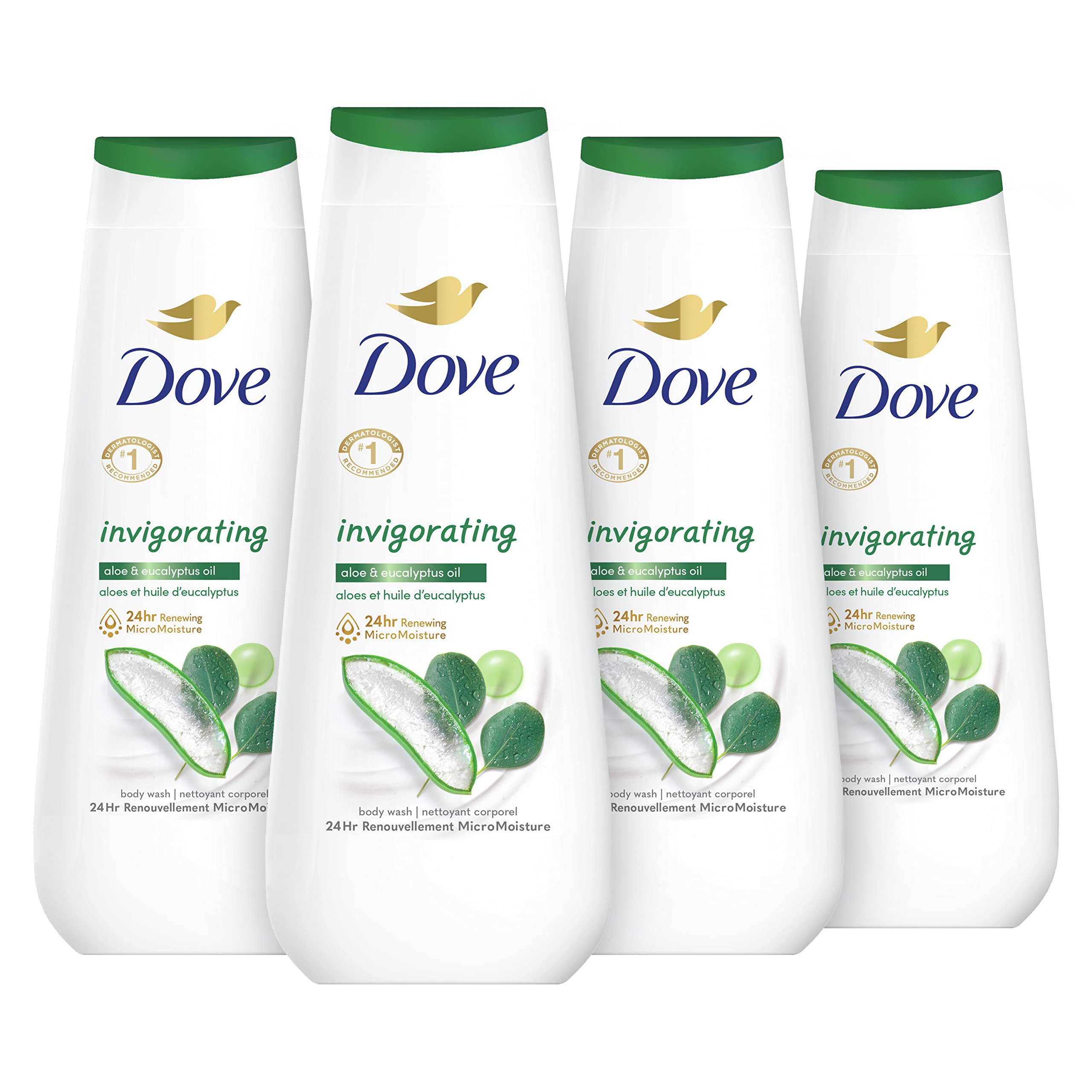 Dove Body Wash Invigorating With Aloe & Eucalyptus 4 Count For Dry Skin Refreshes and Invigorates Skin 20 oz