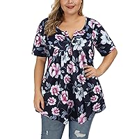 ALLEGRACE Women's Plus Size Tunic Tops Summer Short Sleeve V Neck Blouses Ruffle Flowy Button Up T Shirts