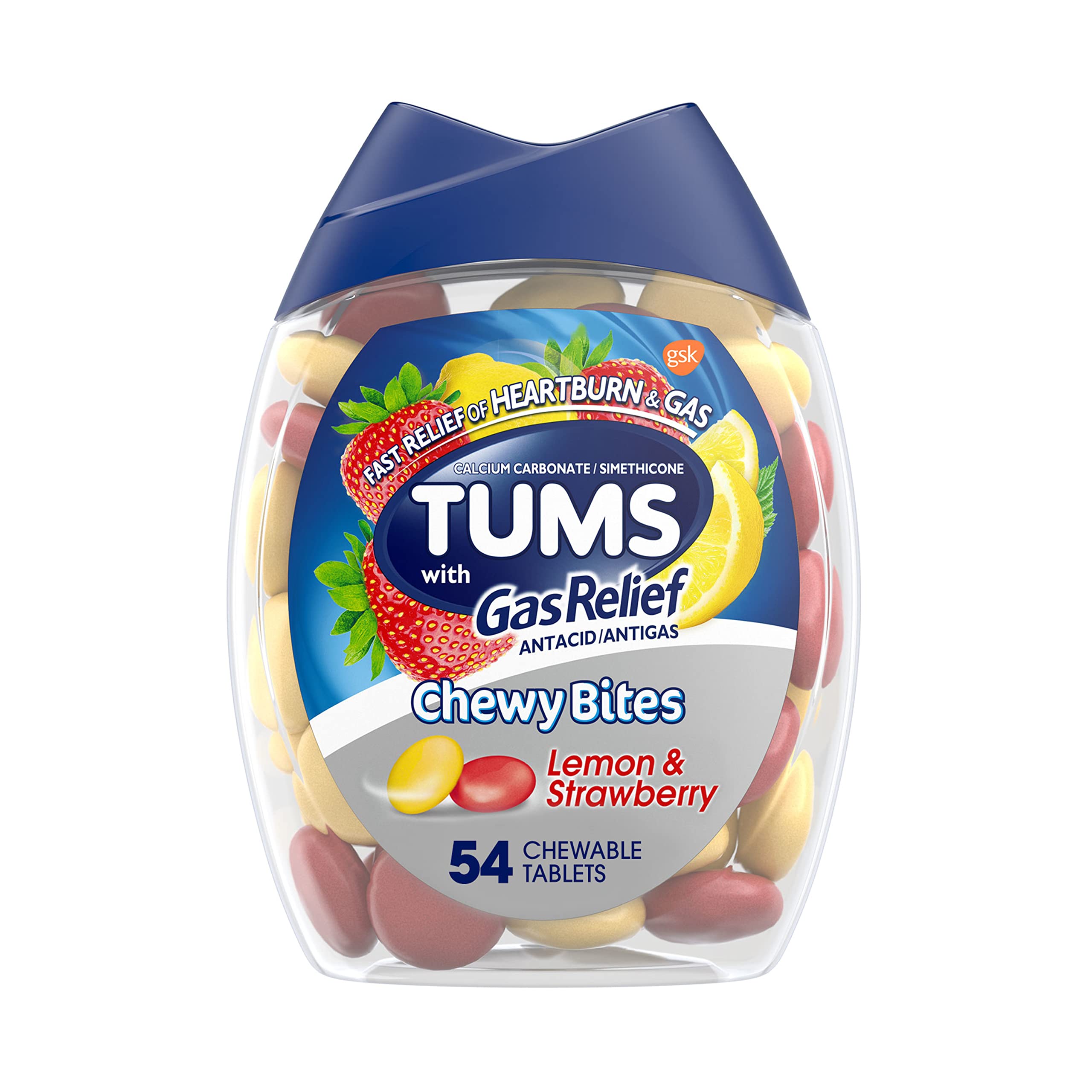 TUMS Chewy Bites Chewable Antacid Tablets with Gas Relief, Lemon & Strawberry - 54 Count