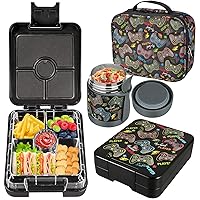 Bento Lunch Box Set for Kids with 10oz Soup Thermo, Leak-Proof Lunch Containers with 4 Compartment, Kids Thermo Hot Food Jar and Insulated Lunch Bag for Kids to School,BPA-Free(Black-Game Console)