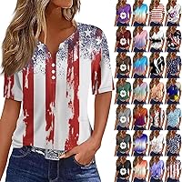 Tops for Women Trendy 4th of July V Neck Short Sleeve Top American Flag Stars Stripes Printed Button T-Shirt Blouses
