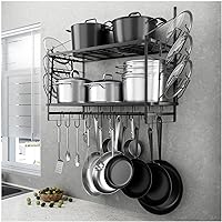 HOYRR Hanging Pot Rack Wall Mounted,30 Inch Wall Hanging Pot Rack,Pot Hangers for Kitchen Wall Mount,Pot And Pan Hanger Side Piece with 2 Pieces Pans Lids Organizer,Wall Pot Rack Hanging Rod+16 Hooks