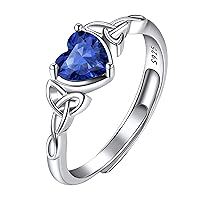 925 Sterling Silver Good Luck Celtic Trinity Knot/Claddagh Heart Birthstone Ring, Thin Delicate Adjustable Promise Engagement Ring Irish Jewelry for Women Girls