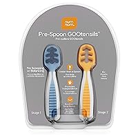 NumNum Pre-Spoon GOOtensils | Baby Spoon Set (Stage 1 + Stage 2) | BPA Free Silicone Self Feeding Baby + Toddler Utensil (Blue/Orange, 1 Pack (Two Spoons))