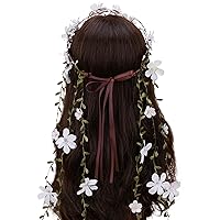 Bohemian Flower Crown Headband - Forest Vine Crown White Floral Headpiece Woodland Crown for Bridal Wedding Maternity Photo Fairy Renaissance Party Cosplay Hair Accessories