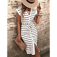 Dresses for Women - Striped Dolman Sleeve Button Through Slit Hem Belted Dress (Color : White, Size : Small)