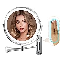 Two-Fingers-Width Narrow Base Rechargeable Wall Mounted Lighted Makeup Mirror,3 Color Lights Dimmable Touch Screen,8 Inch LED Double Sided 1X/10X Magnifying Mirror 13 Inch Retractable