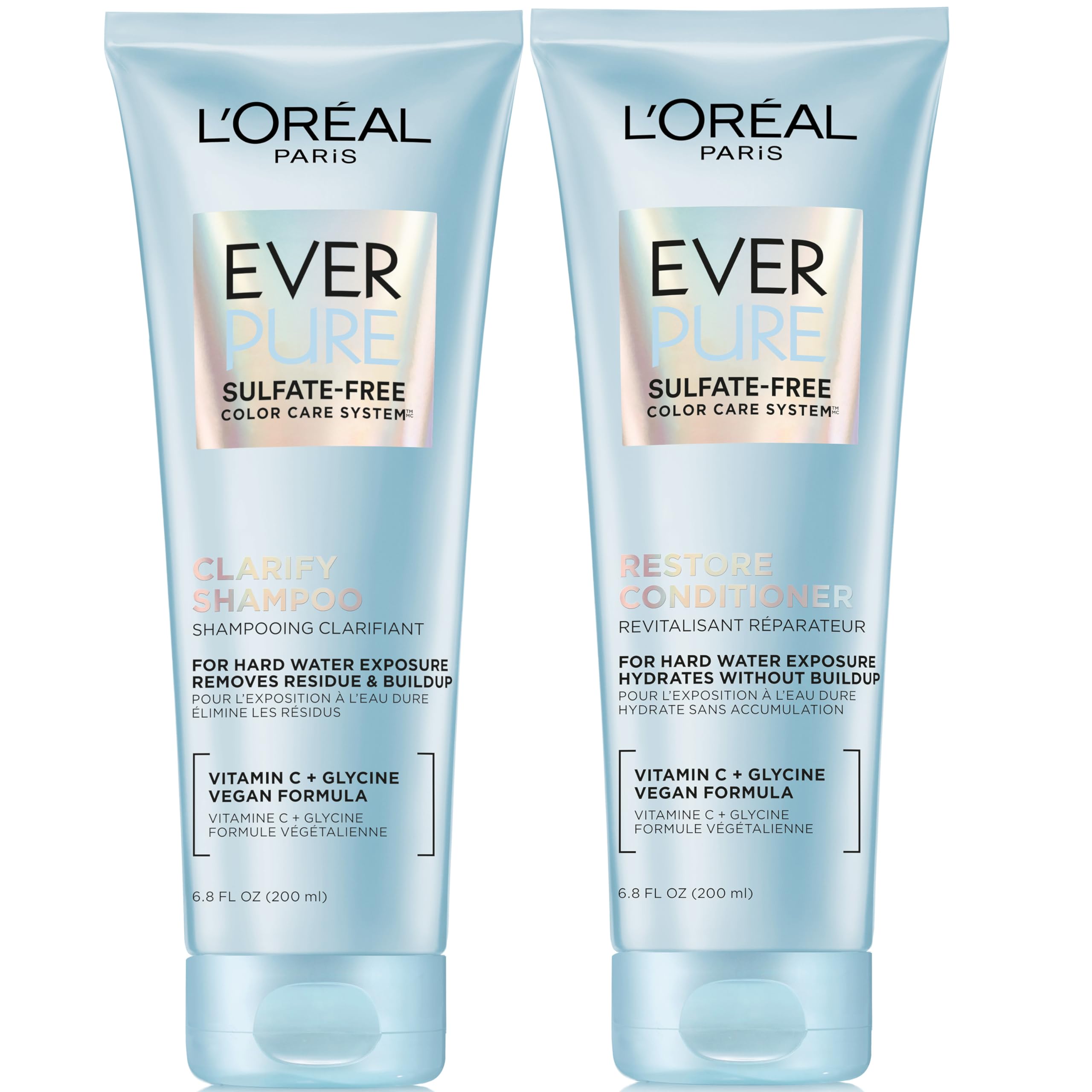 L'Oreal Paris EverPure Clarify and Restore Sulfate Free Shampoo and Conditioner Set with Antioxidants for Hard Water Exposure and Styling Build-up, 1 Hair Care Kit
